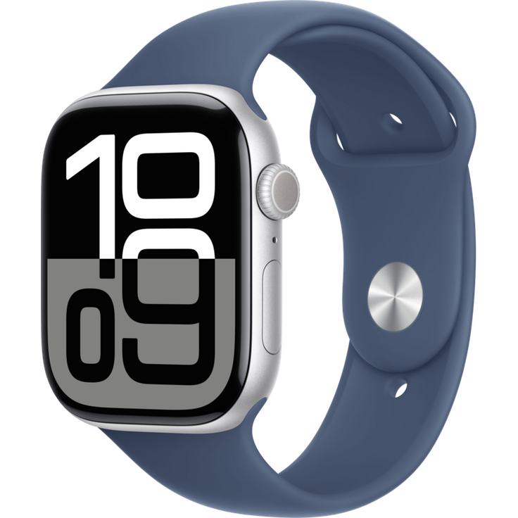 Apple Watch Series 10, 46 mm, GPS, Aluminiumgehäuse Silber, Sportarmband Denim, S/M