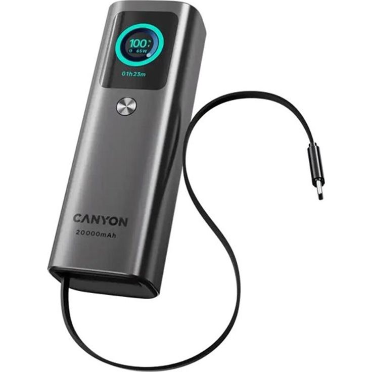 Canyon OnPower 265 Powerbank, 20.000 mAh, 165W, Dunkelgrau, mit TFT-Farbdisplay und integriertem USB-C-Kabel