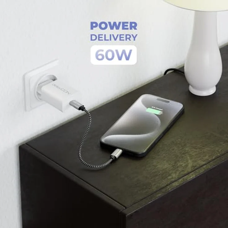 deleyCON 0,15m USB C Kabel PD3.0, 60W Schnellladekabel für iPhone 16, Samsung Galaxy S24, Pixel, iPad Pro, MacBook Air – Kurzes USB-C auf USB-C Ladekabel aus geflochtenem Nylon – Bild 5