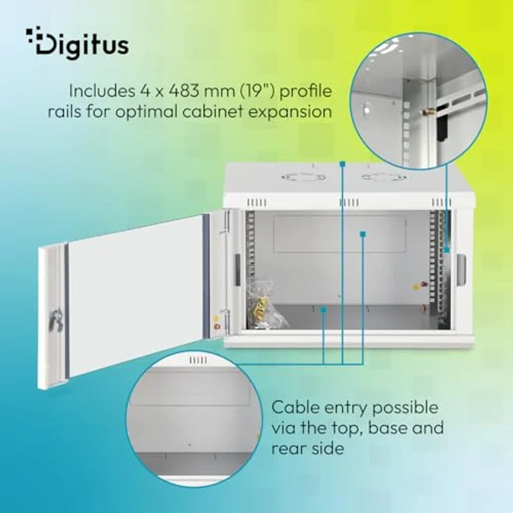 DIGITUS Netzwerkschrank 19-Zoll Rack 7HE, unmontiert, Wandmontage, 600 mm Tiefe, 60 kg Traglast, abschließbare Glastür, Dynamic-N Serie, grau – Bild 5