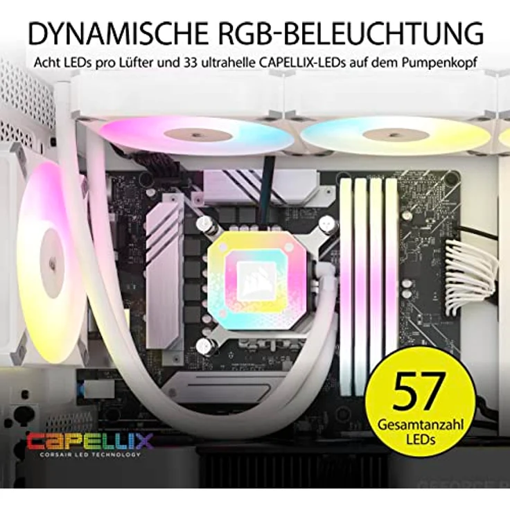 Corsair iCUE H150i Elite CAPELLIX XT Flüssig-CPU-Kühler - DREI AF120 RGB Elite-Lüfter - 360-mm-Radiator - Intel LGA 1700, 1200, 115X, 2066, AMD AM5, AM4 - Inklusive iCUE Commander CORE - Weiß – Bild 4