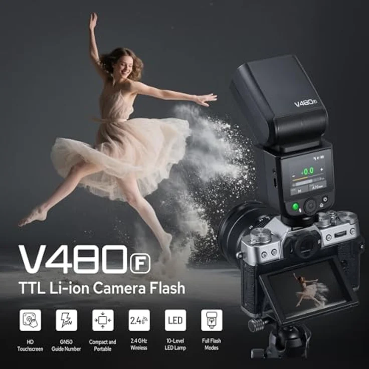 Godox V480 F, Blitzgerät mit Akku für Fujifilm, leistungsstarker Aufsteckblitz – Bild 2