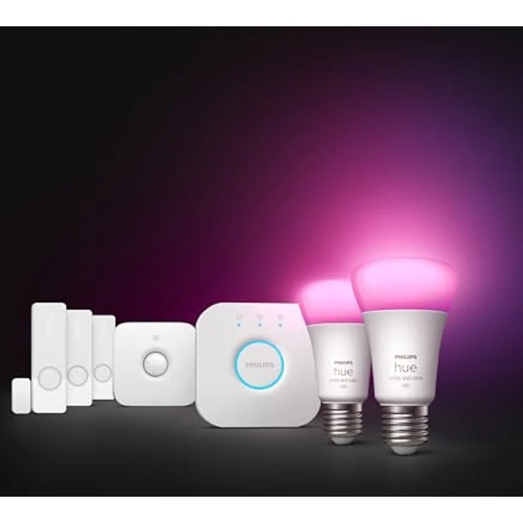 PHILIPS Hue Secure Starter Kit, inkl. 3 Kontaktsensoren & 1 Bewegungssensor in Weiß, 2 smarte LED Lampen (White & Color Ambiance E27) und Bridge – Bild 2