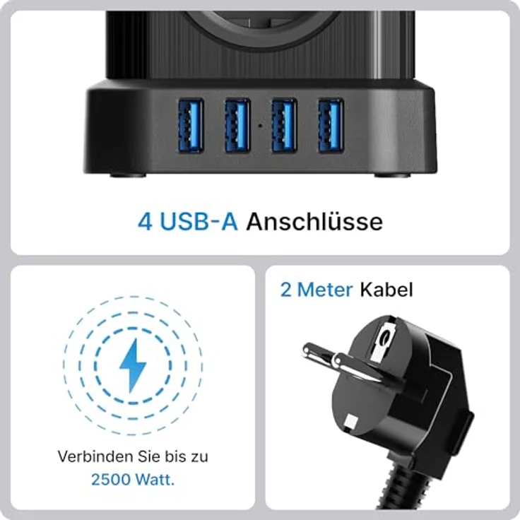 Voomy Power S5 Mehrfachsteckdose mit 4 USB, 5 Steckdosen und Schalter, Schwarz – Bild 3