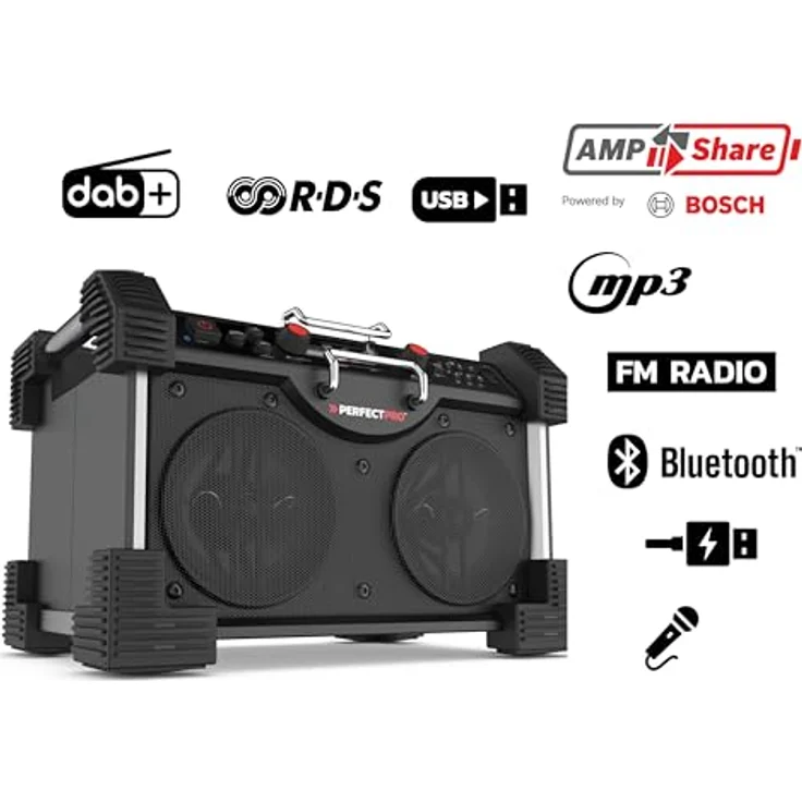 PerfectPro Baustellenradio ROCKHART Bosch 18V, das grösste und stärkste Baustellenradio aller Zeiten, kompatibel mit Bosch Professional 18V Akku - Schwarz – Bild 2