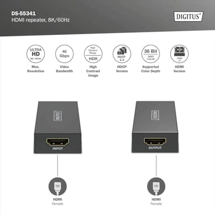 DIGITUS DS-55341 HDMI Repeater – UHD 8K/60 Hz (HDTV: 7680 × 4320p) Max. 10 m – UHD 4K/60 Hz Max. 13 m – Signalverstärker, HDMI 2.1, HDCP 2.3, Deep Color, DTS, Dolby Digital, LPCM – Power: USB-C, Ultra-Slim Design – Bild 2
