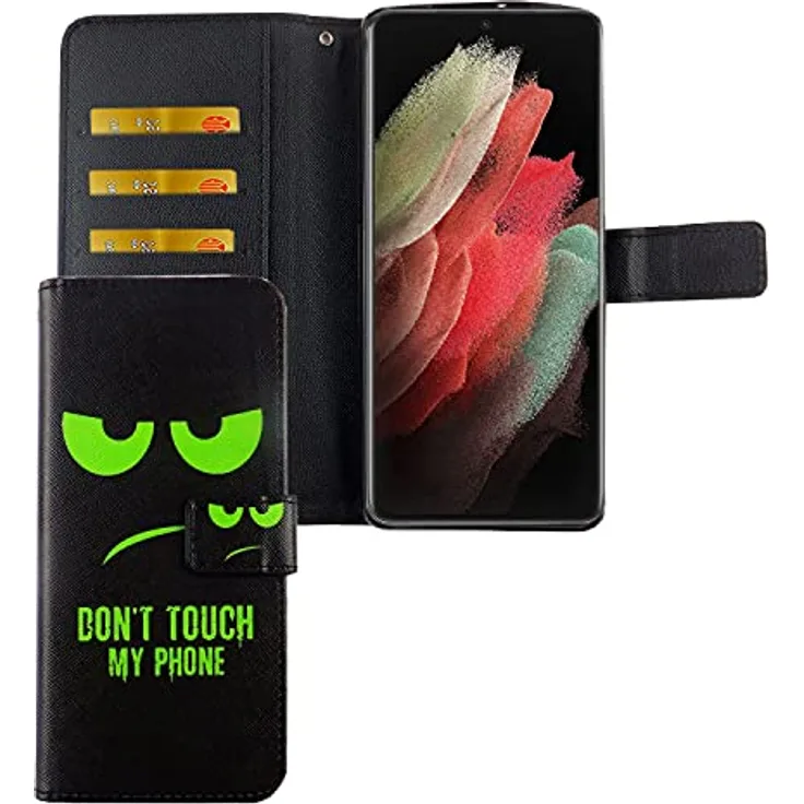 König Design Handyhülle Kompatibel mit Samsung Galaxy S21 Ultra | Don't Touch My Phone | Schutz-Hülle | Klapphülle | mit Kartenfach
