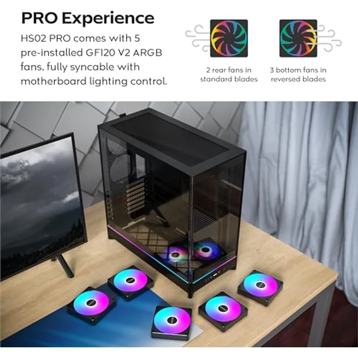 Montech HS02 PRO, ATX Mid-Tower PC-Gehäuse mit 5x ARGB PWM Lüftern, High-Airflow und reversiblem Design, gehärtete Glasfront, vertikale GPU-Option – Bild 5
