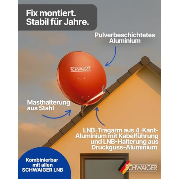 SCHWAIGER Satellitenschüssel Ø 80 cm, Aluminium Offset Antenne in Ziegelrot, wetterfest, Multifeed geeignet, LNB Tragarm & Masthalterung, max. Empfangsleistung 38,5 dB – Bild 4
