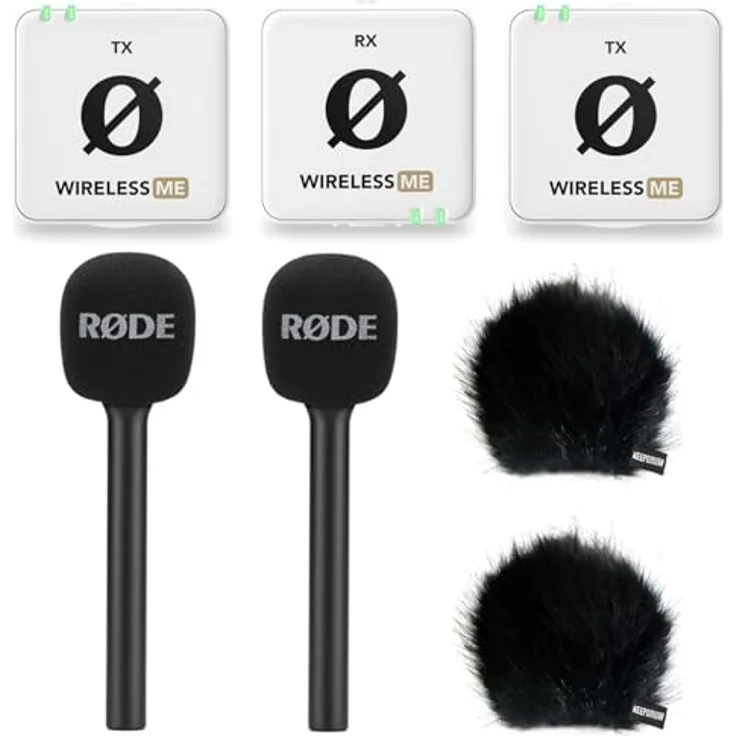 RØDE Wireless ME Dual Mikrofon Funksystem Weiss + 2X Interview GO Handadapter + 2X keepdrum Fell-Windschutz BK - Drahtloses Mikrofon-System ideal für Videofilmer, Interviews und Podcasts