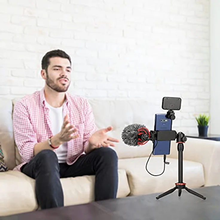 BOYA Walimex pro Smartphone Video Kit VG350 I Video Stabilisator I Video Rig mit Mikrofon, Mini LED Licht, Dreibein Stativ, universellem Smartphone-Halter und Fell-Windschutz I mobiles Vlogging Kit – Bild 4