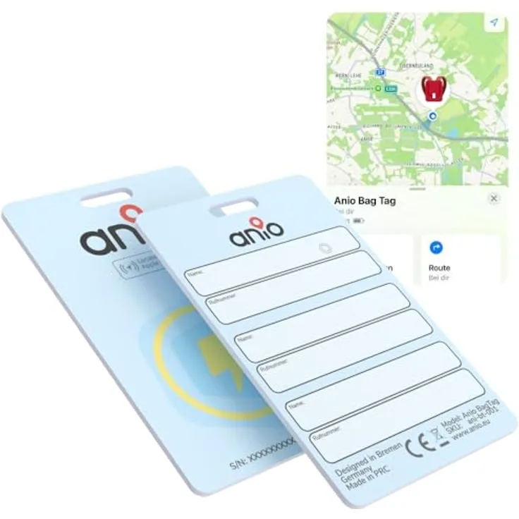 ANIO Ortungskarte BagTag, Smarter Anhänger für iOS, kompatibel mit Apple Find My, Notfallkontakte, wasserdicht, wiederaufladbar, lange Akkulaufzeit
