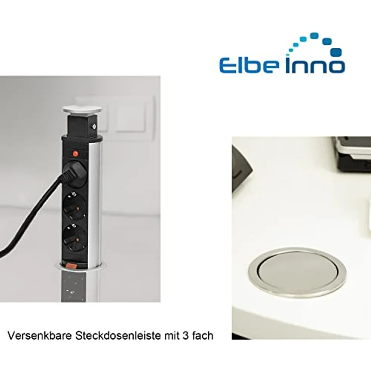 Elbe Inno® Versenkbare Tischsteckdose für die Arbeitsplatte (3 Steckdosen), Mehrfachsteckdose für Küche und Büro, Steckdosenleiste aus Aluminium in schwarz-grau Optik – Bild 3