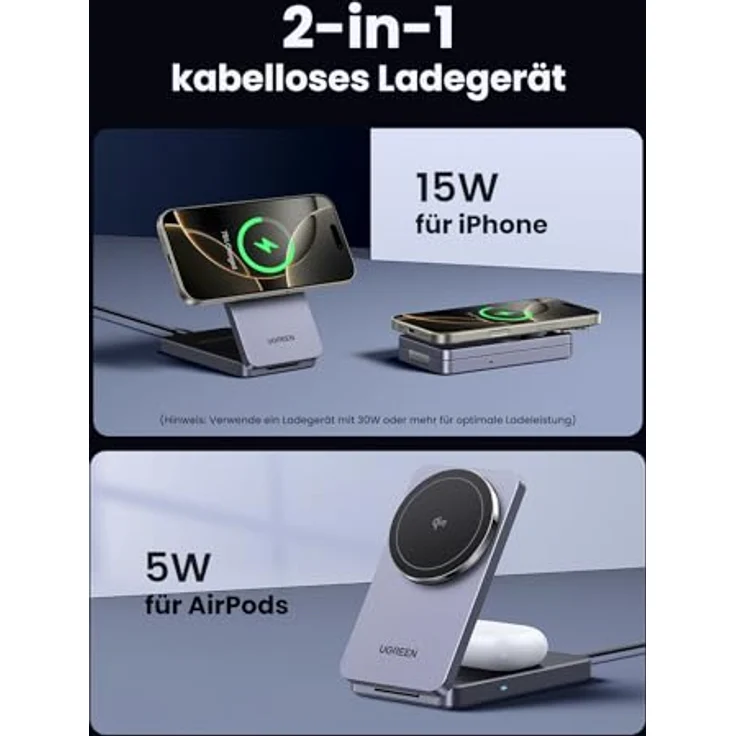 UGREEN MagFlow Qi2 zertifizierte 15W iPhone Ladestation, faltbares Wireless Charger für iPhone 16/15/14/13/12, AirPods 2/3, mit 1M Kabel – Bild 3