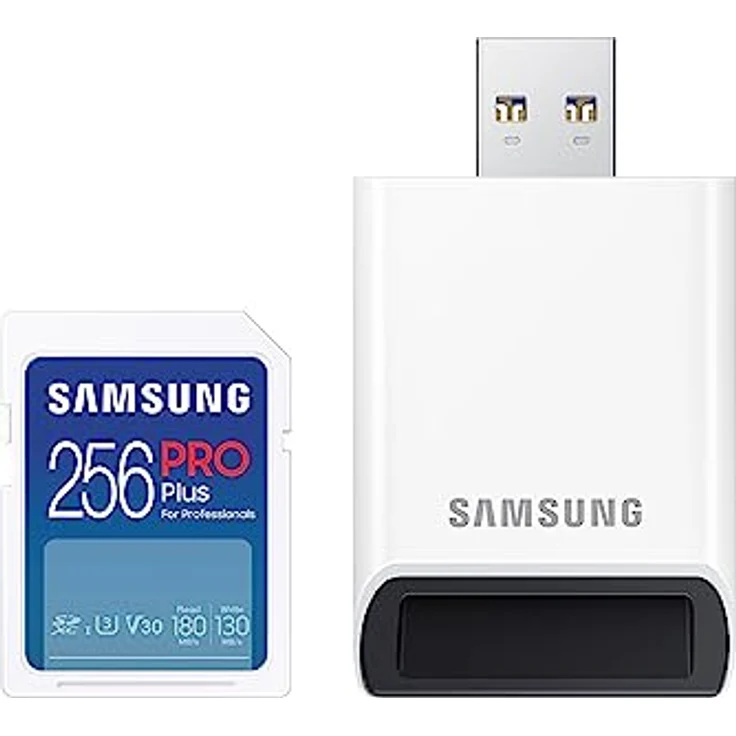 Samsung PRO Plus SD-Karte, 256 GB, UHS-I U3, Full HD & 4K UHD, 180 MB/s Lesen, 130 MB/s Schreiben, Speicherkarte für Kameras und Drohnen, inkl. USB-Kartenleser, MB-SD256SB/WW – Bild 1