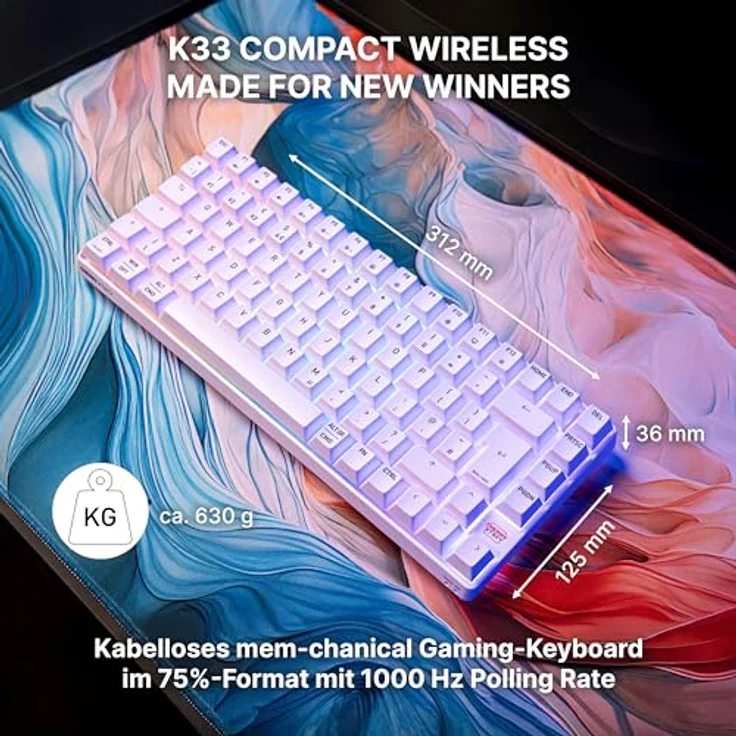 CHERRY XTRFY K33 Compact Wireless, Kabellose Mem-chanical Gaming-Tastatur, 75-Prozent-Format, RGB-Beleuchtung, IP54 Staub- & Spritzwassergeschützt, DE-Layout (QWERTZ), Weiß – Bild 2