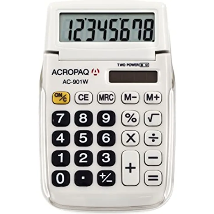 ACROPAQ - Taschenrechner - 8 stelliges LC-Display, Dual Power (Batterie + Solar), Mit Speicher, Wurzelziehen und Prozentrechnung - Weiß