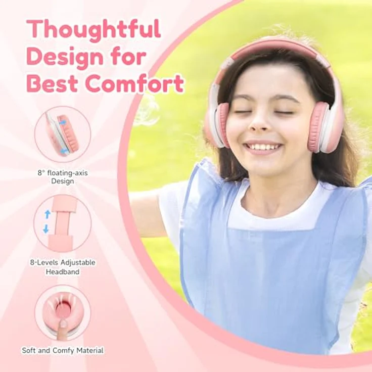 EarFun Bluetooth Kopfhörer Kinder, 85/94dB Lautstärkeregelung, HiFi Sound, HD-Mikrofon, 40 Std Akku, faltbar und verstellbar, kabellos, rosa – Bild 4