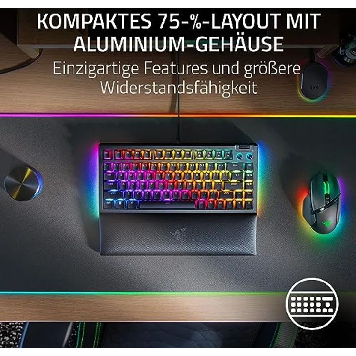 Razer BlackWidow V4 75% - Mechanische Gaming-Tastatur mit Hot Swap (Kompaktes 75-%-Layout, Unterbodenbeleuchtung an 2 Seiten, Multifunktionsregler und Medien-Tasten) US-Layout | Schwarz – Bild 3