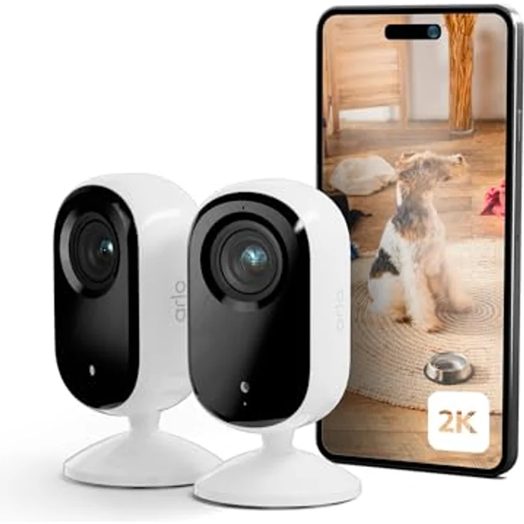 Arlo Indoor Überwachungskamera Innen, 2er Set, HD Video, 2-Wege-Audio, Bewegungsmelder, Kabelgebunden, Ideal Als Babyphone, Haustierkamera, Hausüberwachung + Arlo Secure Plan Testzeitraum, Weiß – Bild 1