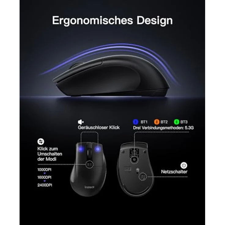 Inateck KB06006, Kabelloses Tastatur Maus Set mit Handballenauflage, QWERTZ, 3 Bluetooth-Kanälen, Geräuschlos, für Mac, Windows, Laptop und PC – Bild 4