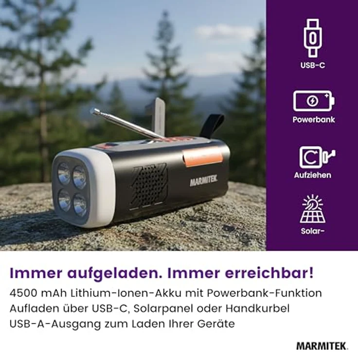 Marmitek RESQ 200, DAB+/FM Radio mit Bluetooth, 4500mAh Akku, Solarpanel, 360° Campinglampe, Schwarz – Bild 4
