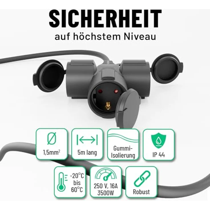 greate 3fach Verlängerungskabel außen 5 Meter - Wasserdicht IP44 - Outdoor Extension Cord 3500W - Schwarz – Bild 5