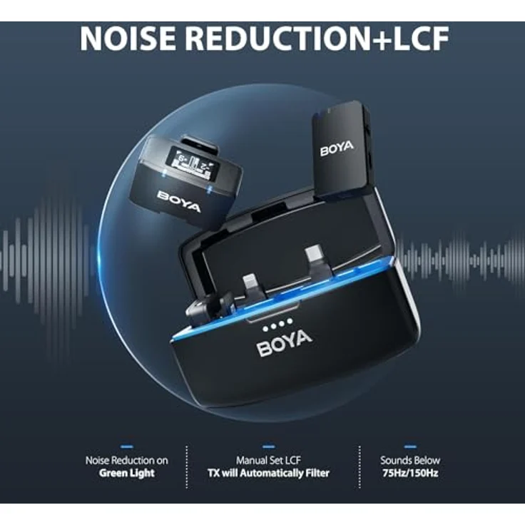 Boya Boyamic Wireless Mikrofon Set, 2,4 GHz Digitalfrequenzsystem mit 8 GB Speicher, bis zu 300 Meter Reichweite, 15 Stunden Akku, OLED-Display, schwarze Farbe – Bild 4