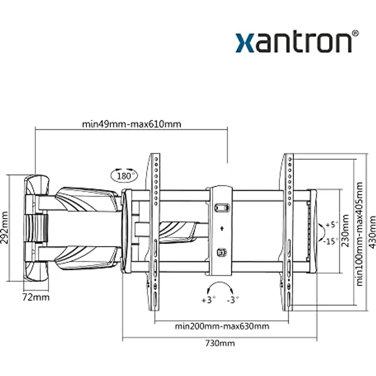 Xantron PRO-FM600 Wandhalterung Fernseher Schwenkbar Neigbar Drehbar / 37-70 Zoll TV Halterung/TV Wandhalterung flach ultraflacher Wandabstand - inkl. Montagematerial – Bild 4