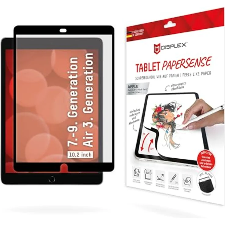 Displex TABLET PAPERSENSE für iPad (7./8./9. Gen.)/Air (3. Gen.), wiederablösbare Schreibfolie und Zeichenfolie mit Paper Feeling für ein Schreibgefühl wie auf Papier, inkl. Filz-Schutzhülle – Bild 1
