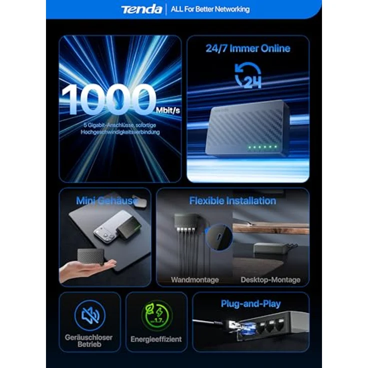 Tenda SG105, 5-Port Gigabit Switch, Plug-and-Play Ethernet Switch, lüfterlos, unmanaged, Schwarz – Bild 2