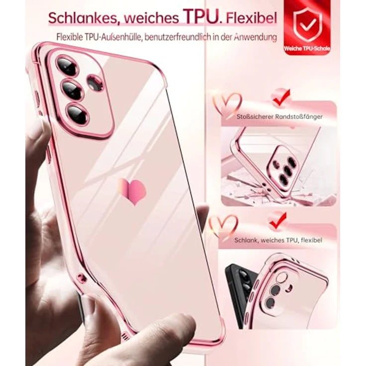 LeYi Handyhülle für Samsung Galaxy A56 5G, TPU Silikon Galvanik mit Herz Muster, Stoßfest, Kratzfest, inkl. 2 Schutzfolien, Rosa – Bild 4