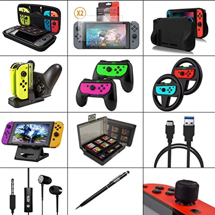 Orzly Zubehörpaket-Switch - Geek Pack für Nintendo Switch: Tragetasche & Displayschutzfolie, Joycon Grips & Lenkrad, JoyCon/Pro-Controller-Ladestation, Comfort Grip Tasche & More - JetBlack - Preisvergleich – Bild 2