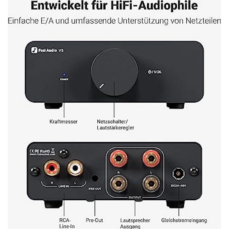 Fosi Audio V3 Mini Verstärker, 300Wx2 Stereo HiFi Verstärker mit TPA3255 Amp Chip & Austauschbare Op-Amps, Class D mit Lautstärkeregelung - Schwarz – Bild 2