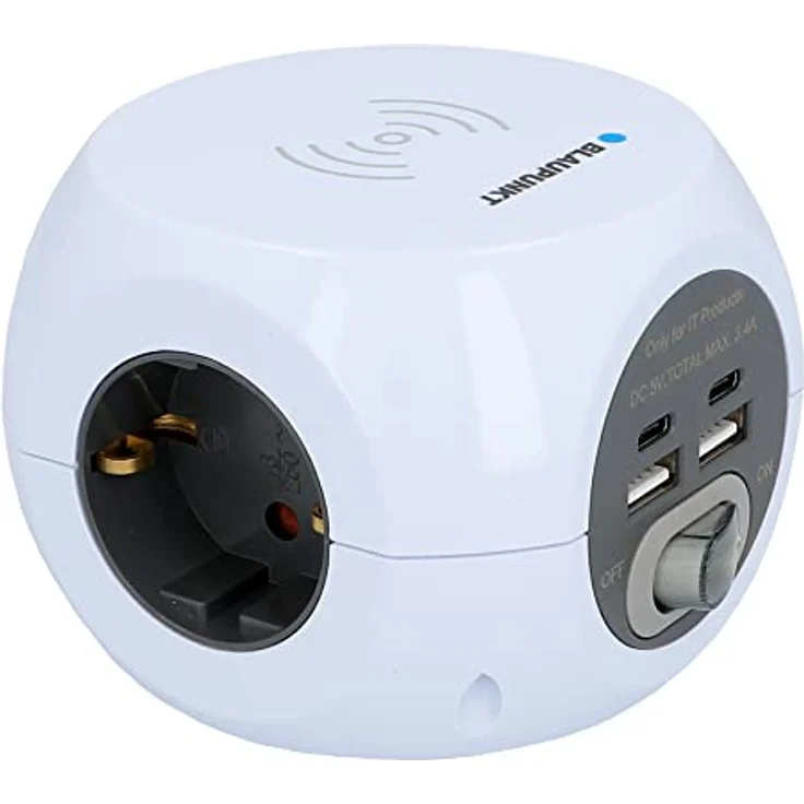 Blaupunkt Steckdosenwürfel, Mehrfachsteckdose, 3-fach, 2-fach USB-A + 2-fach USB-C, mit Ein-/Ausschalter, mit induktivem Laden, Weiß, 1,4 Meter – Bild 1