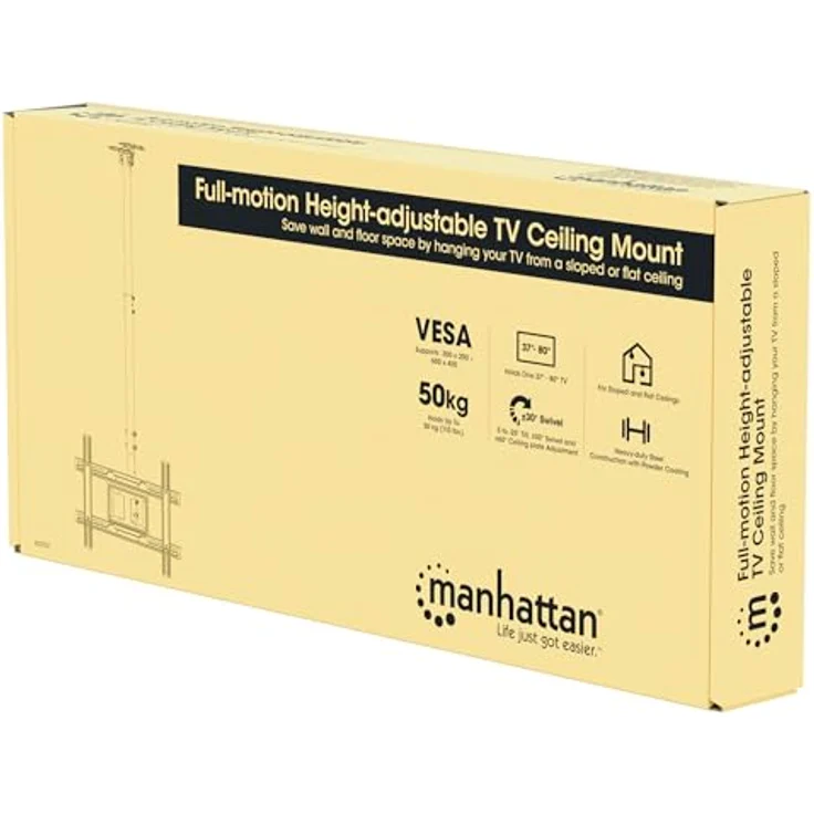 Manhattan 462051, Höhenverstellbare Full-Motion Deckenhalterung für Flachbildschirme bis 80 Zoll, -25 bis 5° Neigung, Schwarz – Bild 3