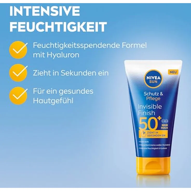 NIVEA SUN Schutz & Pflege Invisible Finish LSF 50+, wasserfester Sonnenschutz mit Hyaluron, schnell einziehende Sonnencreme ohne weiße Rückstände, 150 ml – Bild 3