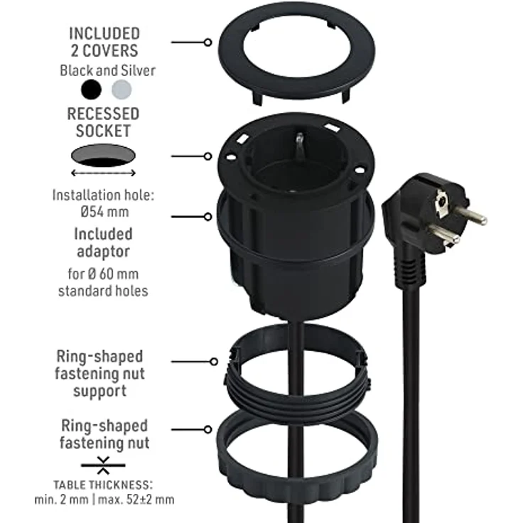 Electraline 62564 Tischplatte Grommet Einbausteckdose mit Schuko-Steckdose, 2m Kabel, D 54mm, Schwarz, inklusive Adapter für 60mm Standardlöcher – Bild 2
