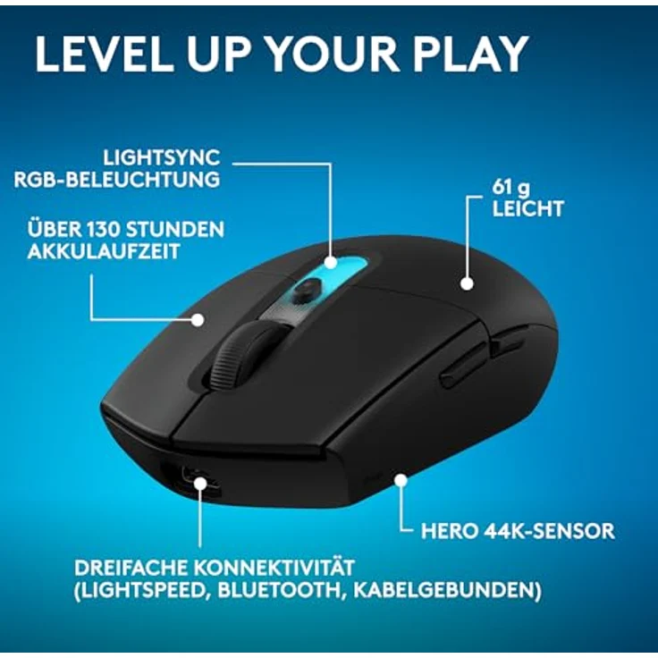 LOGITECH G305 X SUPERLIGHT Gaming-Maus, kabellos, HERO 44K-Sensor, 61 g, RGB-Beleuchtung, schwarz – Bild 2