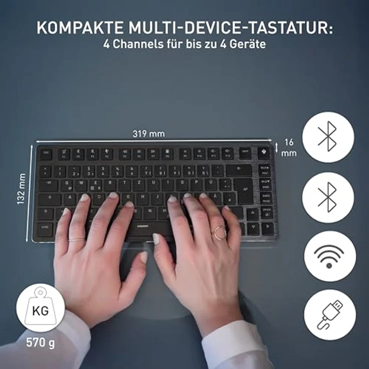 CHERRY KW X ULP 2.0 MINI, Ultra Flache Mechanische Kompakt-Tastatur, Deutsches Layout (QWERTZ), Multi-Device-Funktion für 4 Geräte, Schwarz – Bild 2