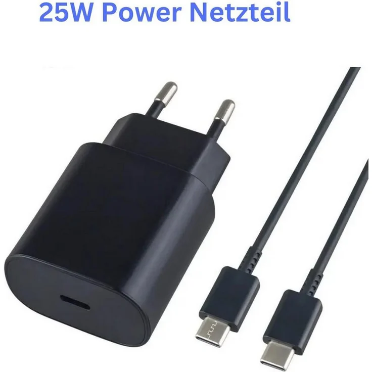 Alpha Electronics Schnellladegerät USB-C 25W mit 1m schwarzem Typ-C zu Typ-C Kabel, kompatibel für Samsung Galaxy S23 S22 S21 S20 Ultra