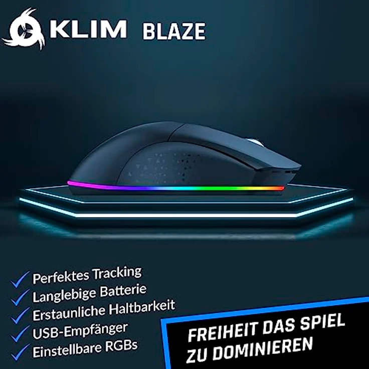 KLIM Blaze - Wiederaufladbare kabellose RGB Gaming Maus - NEU 2023 - Hochpräziser Sensor mit Langer Akkudauer - Einstellbar auf bis zu 10000 DPI - Kabel- und Funk Maus Modus (Schwarz) – Bild 2