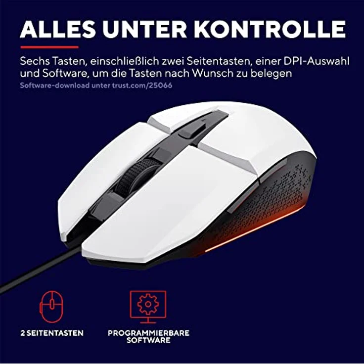 Trust Gaming GXT 109W Felox Gaming Maus mit 6 Programmierbare Tasten, Mehrfarbige LED-Beleuchtung, 200-6400 DPI, USB Kabel 150 cm, PC Maus mit Integrierte Software für Computer/Laptop - Weiß – Bild 4