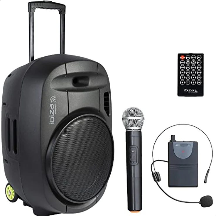 PORT15VHF-MKII - Ibiza - TRAGBARE, AKKUBETRIEBENE BESCHALLUNGSANLAGE 15 - 800W MIT USB-MP3, Rec, VOX, Bluetooth & 2 UHF FUNKMIKROFONEN, Schwarz – Bild 2