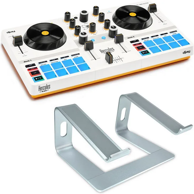 HERCULES DJControl Mix Ultra, mobiler DJ-Controller mit Bluetooth LE und integriertem Akku, inklusive Laptopständer