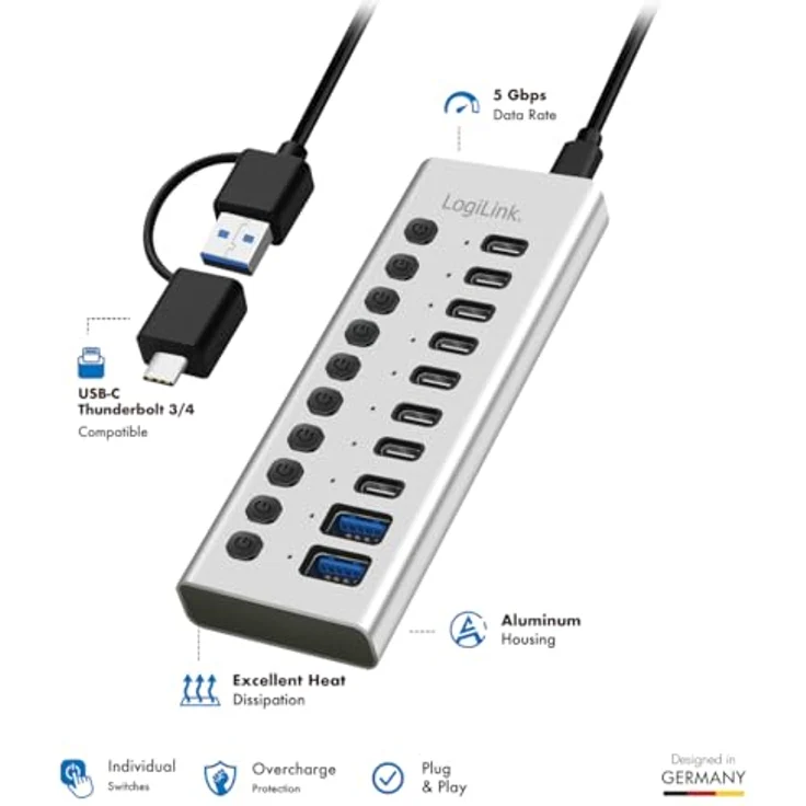 LogiLink UA0448, USB 3.2 Gen1 Hub mit 10-Ports (2x USB-A, 8x USB-C), EIN-/Ausschalter, Aluminium, inkl. 2in1-Kabel und PD 20 W USB-C Ladegerät – Bild 5