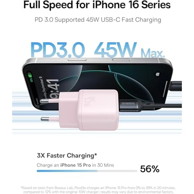 Baseus PicoGo 45W USB C Ladegerät, PD 3.0 PPS Schnellladegerät für iPhone 16/16 Pro Max, Galaxy S24 Ultra, Pixel, iPad Pro/Air, kompakt, rosa – Bild 2