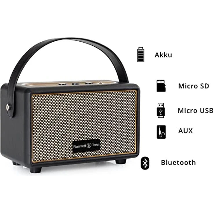Bennett & Ross BB-820BK Blackmore Junior Version 2020 - Retro Bluetooth Lautsprecher in Lederoptik mit 5200 mAh Akku - Vintage Speaker mit 20W - MicroSD-Eingang mit MP3-Player - Aux-in - Schwarz – Bild 3