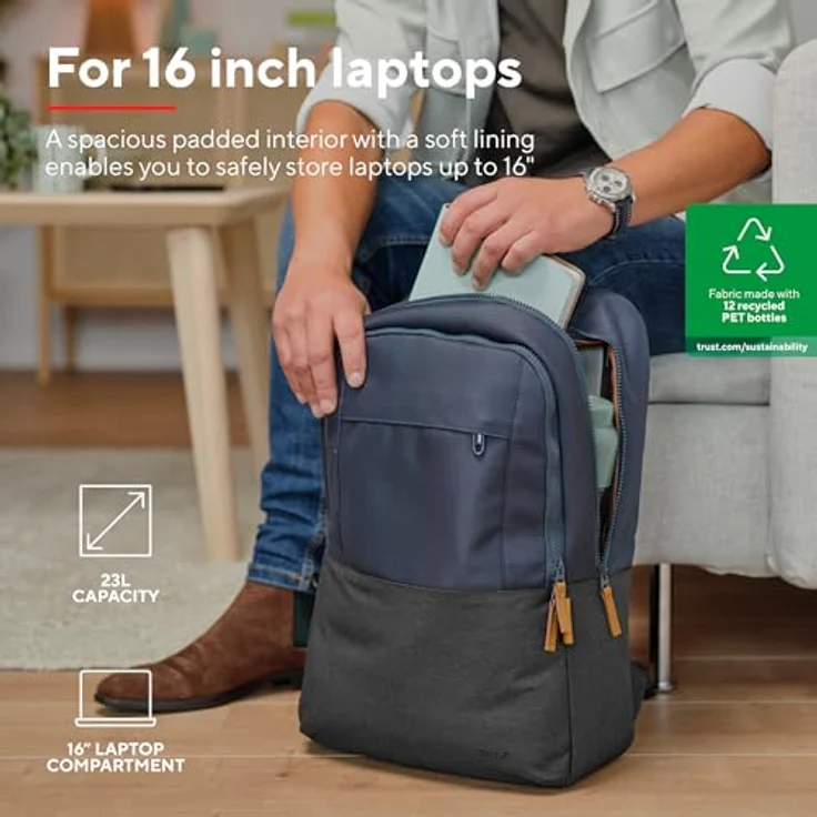Trust Lisboa Laptop Rucksack Herren 16 Zoll, Reiserucksack 23 Liter mit Trolley-Gurt, Backpack aus Recycelten PET-Flaschen, Handgepäck Rücksack Damen Schule Arbeit Reisen Business - Blau – Bild 2