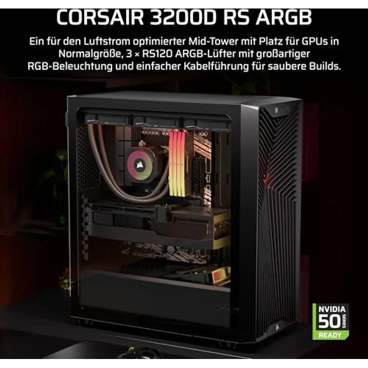 CORSAIR 3200D RS ARGB Mid-Tower ATX PC-Gehäuse, 3x RS120 ARGB PWM-Lüfter, GPU-Anti-Sag-Stabilisierungsarm, USB-Typ-C, Schwarz – Bild 2